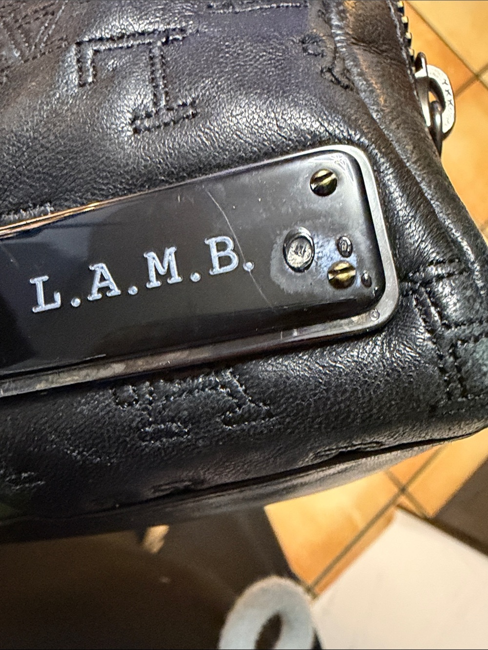 L.A.M.B. Black Leather Cosmetic Pouch with Green Center Stripe - Picture 3 of 9